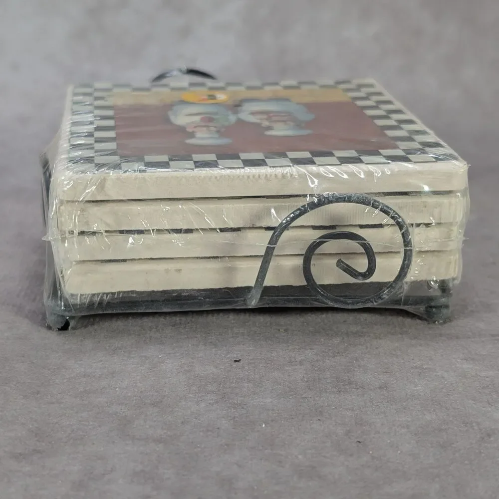 Italian Fat Chef Ceramic Stone Drink Coasters Set of 4 Metal Caddy Holder Sealed